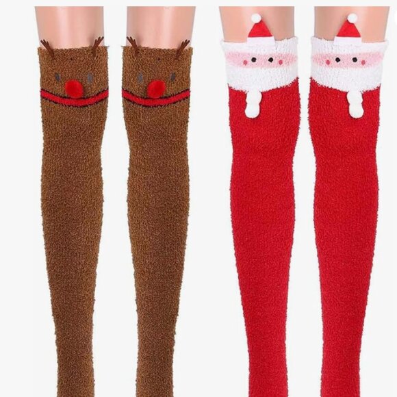 Christmas High Socks Fuzzy Over the Knee Socks 2 PEARS - Picture 2 of 5